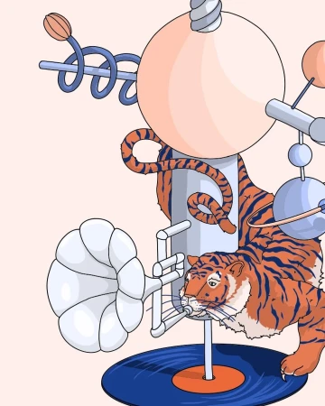Whimsical illustration of a tiger character 'playing' a stylized record player with imaginative design elements and a light pink background.