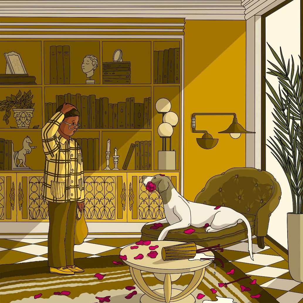 Illustration of a man in glasses and a plaid shirt standing in a room with a dog with a rose in its mouth.