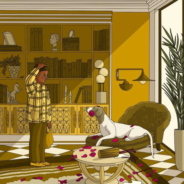 Illustration of a man in glasses and a plaid shirt standing in a room with a dog with a rose in its mouth.
