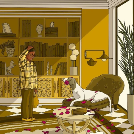 Illustration of a man in glasses and a plaid shirt standing in a room with a dog with a rose in its mouth.