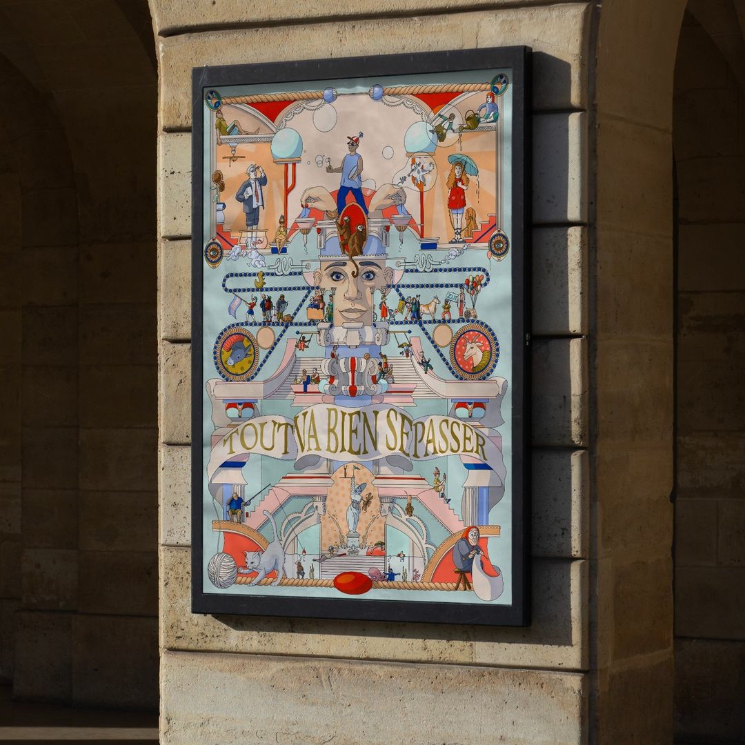 Whimsical mural on a stone column shows an illustrated series of scenes and characters in a colorful, surreal, cartoon style.