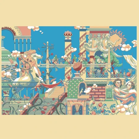 Whimsical illustration of an elaborate, multi-level fantasy architecture with people, statues, decorative objects, and vibrant colors.