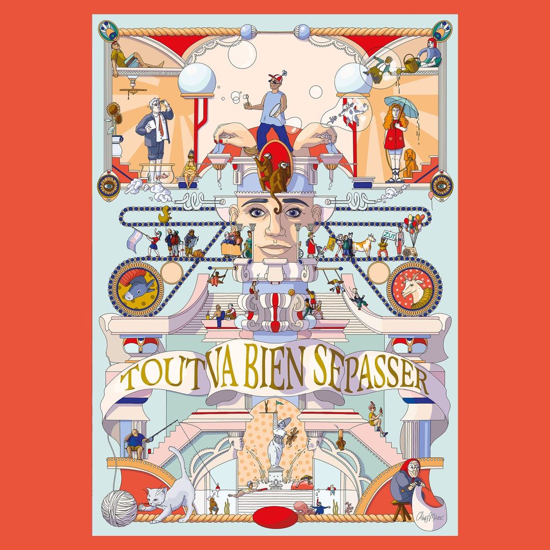 Whimsical cartoon art in red, pink, and blue with an eye-catching assortment of miniature characters and objects.