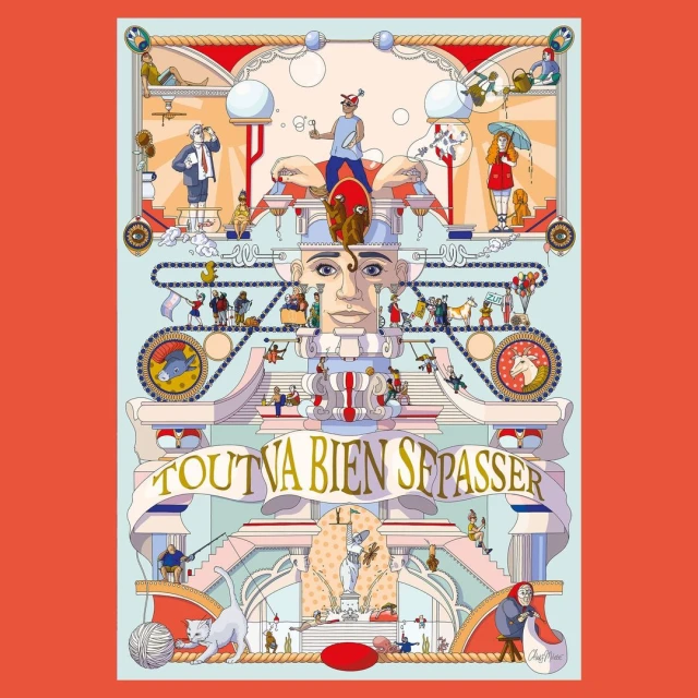 Whimsical cartoon art in red, pink, and blue with an eye-catching assortment of miniature characters and objects.