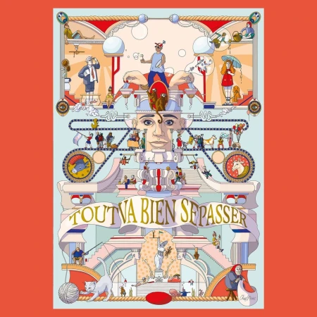 Whimsical cartoon art in red, pink, and blue with an eye-catching assortment of miniature characters and objects.