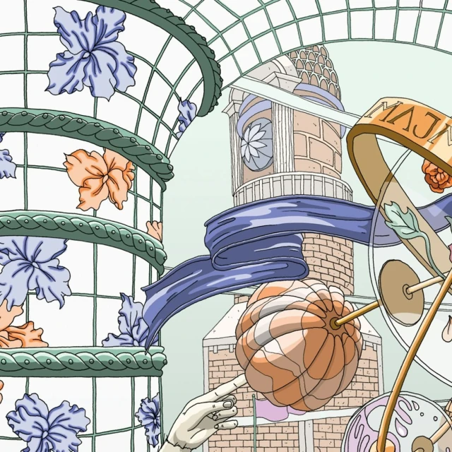 Detailed illustration featuring architectural elements, flowers, and decorative objects in a whimsical, surreal setting with soft color palette.