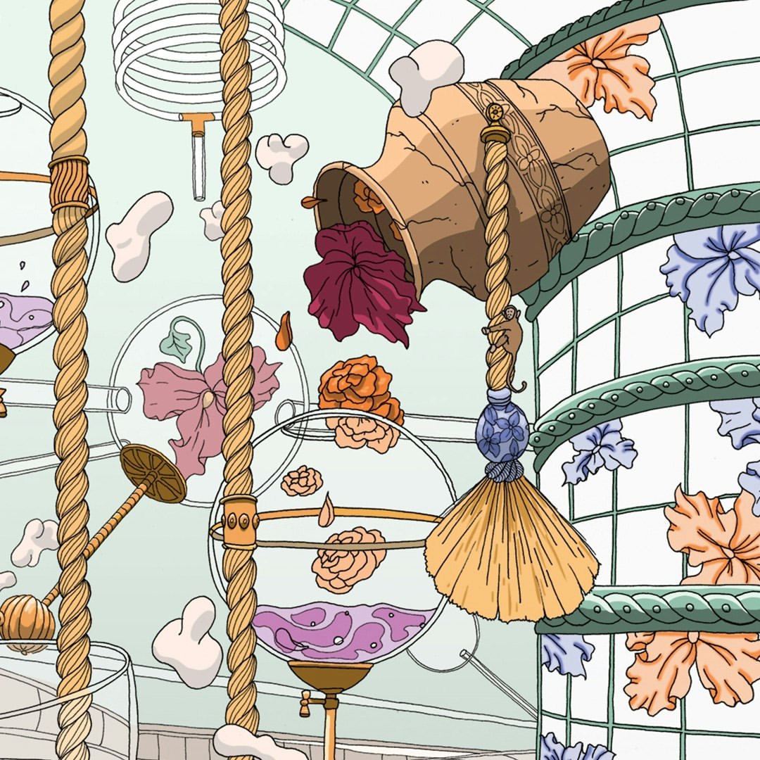 Whimsical illustration features an overturned vase with flowers, set against an ornate backdrop and suspended by rope and spherical orbs.