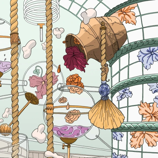 Whimsical illustration features an overturned vase with flowers, set against an ornate backdrop and suspended by rope and spherical orbs.