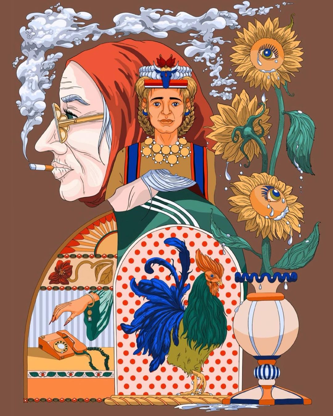 Whimsical digital art features two women, sunflowers with eyes, and various objects in an illustration against a brown backdrop.