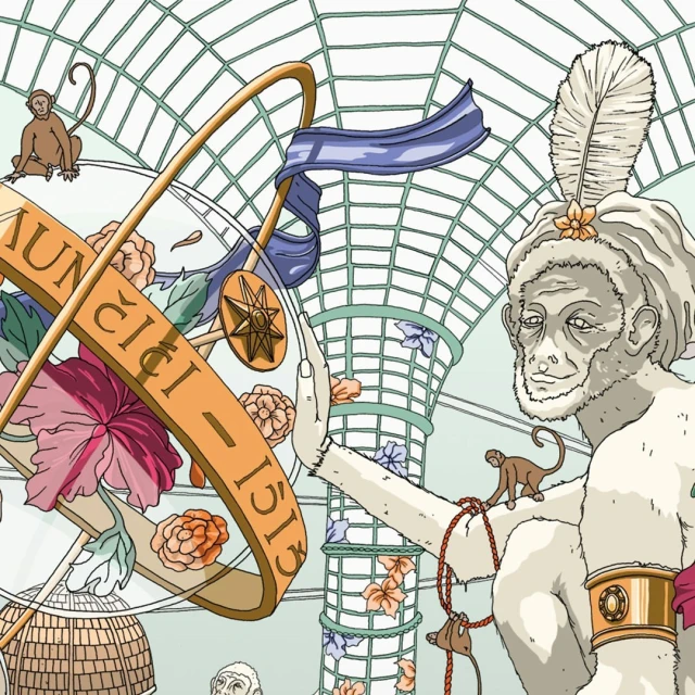 Whimsical illustration features monkey with feather headdress in fantastical architecture filled with tropical flowers and various monkeys.