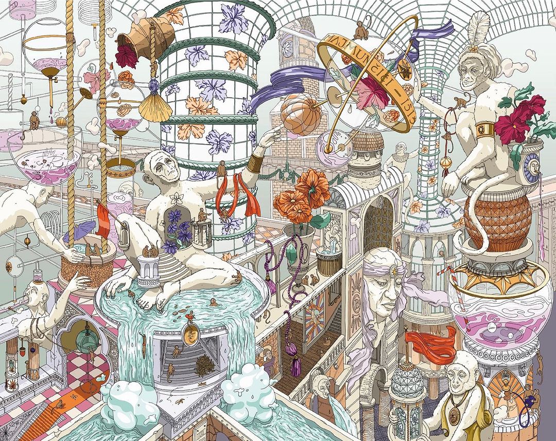 Intricate illustration featuring multiple levels with humanoid figures, architectural elements, water features, and abstract designs, creating a surreal scene.