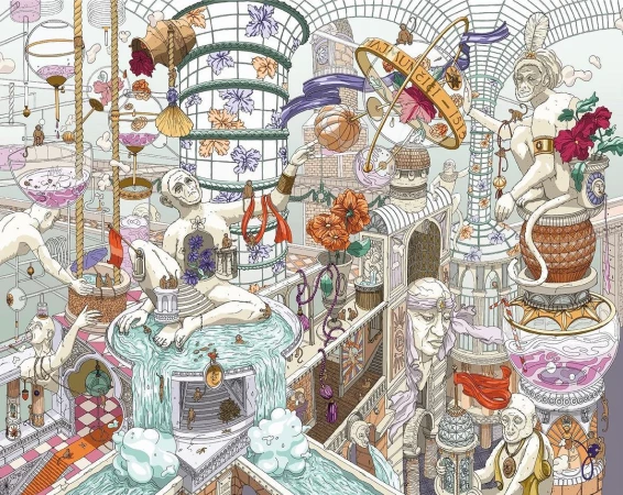 Intricate illustration featuring multiple levels with humanoid figures, architectural elements, water features, and abstract designs, creating a surreal scene.