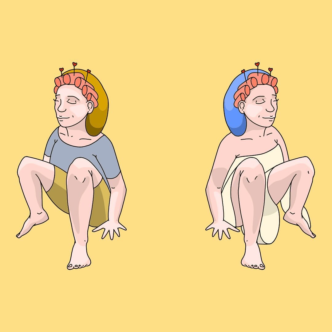 Illustration of two cartoon women in a squatting position wearing hair rollers, set against a light-yellow background.