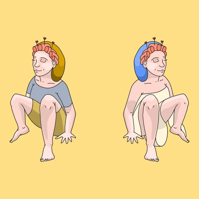 Illustration of two cartoon women in a squatting position wearing hair rollers, set against a light-yellow background.