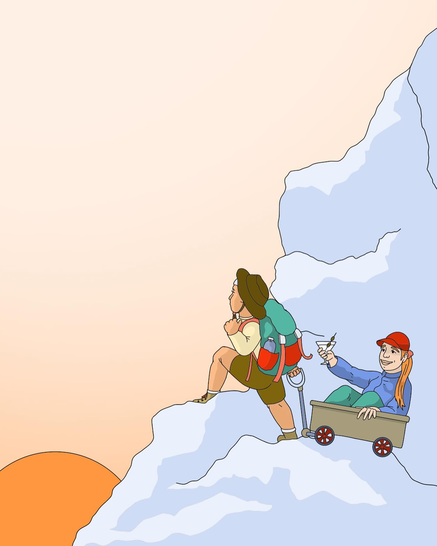 Illustration of a person hiking up a snowy mountain, pulling another person in a wagon, with a drink in their hand.