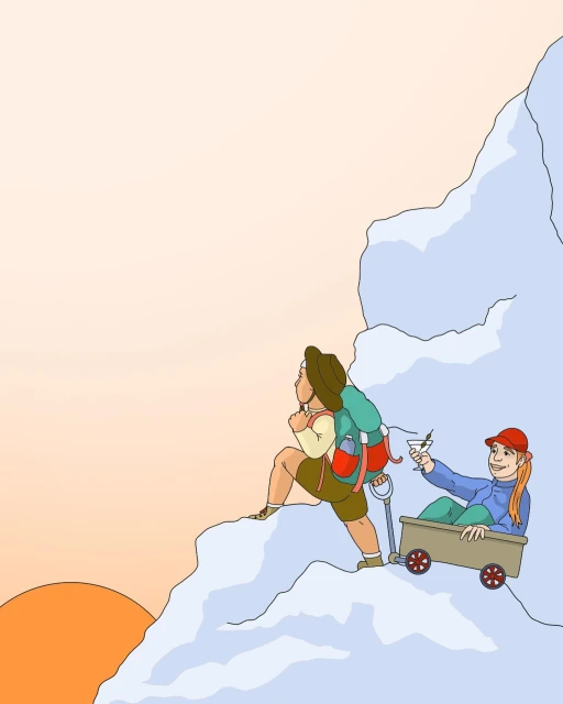 Illustration of a person hiking up a snowy mountain, pulling another person in a wagon, with a drink in their hand.