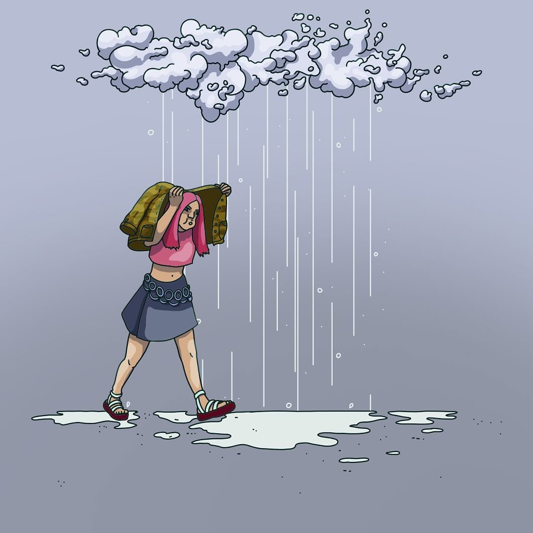 Illustration of a person in a pink shirt and blue skirt walking in the rain, holding a jacket over their head for cover.