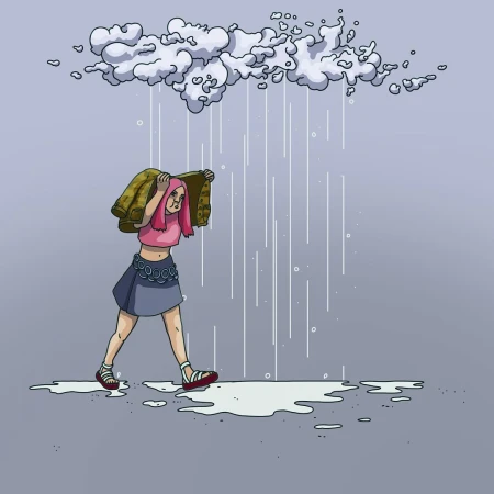 Illustration of a person in a pink shirt and blue skirt walking in the rain, holding a jacket over their head for cover.