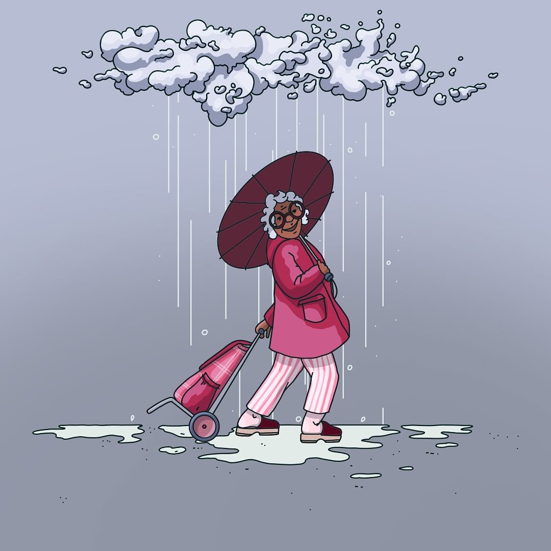 Illustration of an elderly woman with an umbrella and shopping cart walking in the rain, featuring a cartoon style and grey color palette.