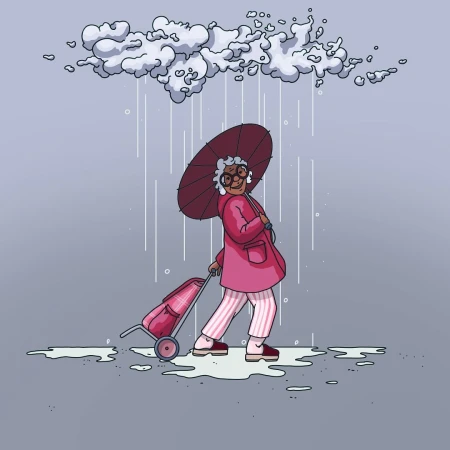 Illustration of an elderly woman with an umbrella and shopping cart walking in the rain, featuring a cartoon style and grey color palette.