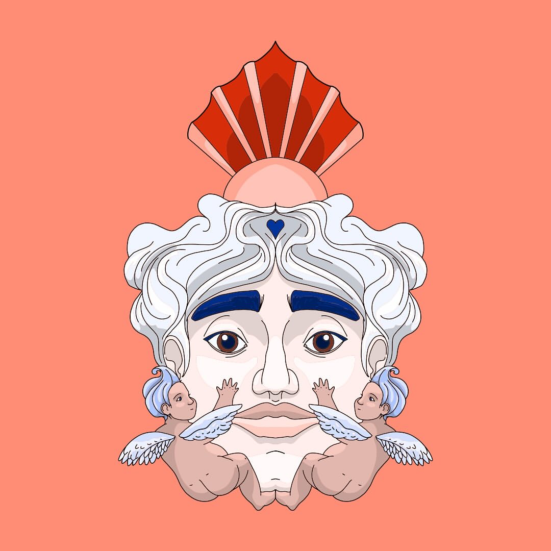 Whimsical illustration of a face with cherubic figures, a radiant crown, and peach backdrop, blending classical elements with modern artistry.