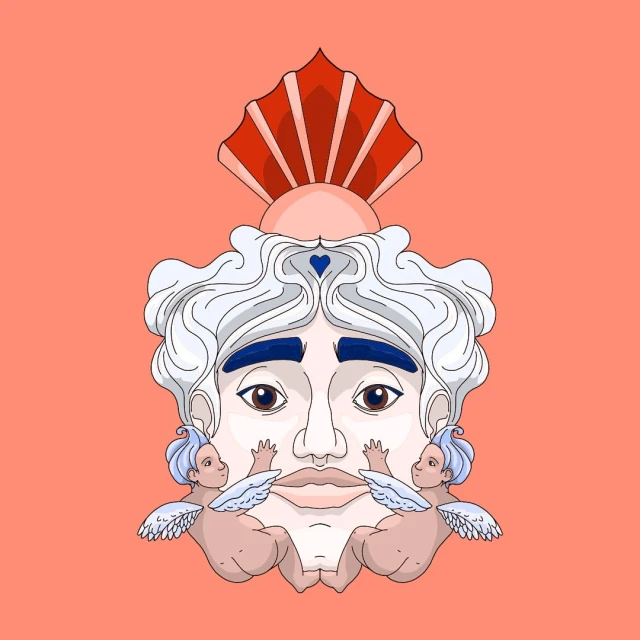 Whimsical illustration of a face with cherubic figures, a radiant crown, and peach backdrop, blending classical elements with modern artistry.