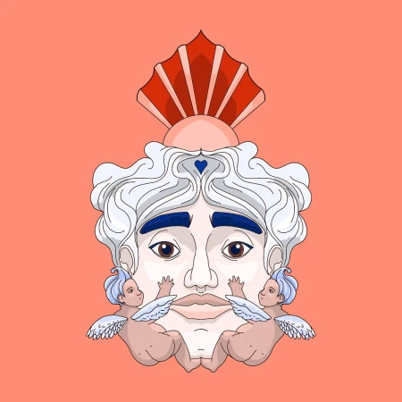 Whimsical illustration of a face with cherubic figures, a radiant crown, and peach backdrop, blending classical elements with modern artistry.