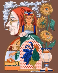 Surreal digital illustration by Aleksandra Miletić featuring a profile portrait of an elderly woman smoking, sunflowers with human eyes, and a rooster