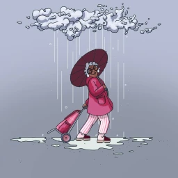 Illustration of an elderly woman with an umbrella pulling a shopping cart beneath a rain cloud by Aleksandra Miletic
