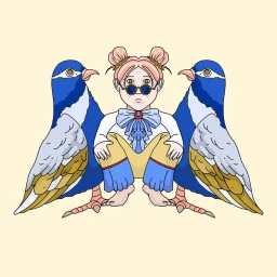 Digital illustration by Aleksandra Miletic of a character with pink hair buns and blue round sunglasses flanked by two large blue birds