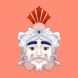 Surreal digital illustration by Aleksandra Miletic of a classical bust flanked by two small cherubs against a solid coral background.