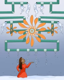 Illustration of a woman in a red dress standing beneath complex green plumbing pipes with dripping water and orange pinwheels.