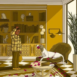 Illustrated interior scene of a person standing distressed beside a dog on a couch holding a rose amidst fallen flower petals.