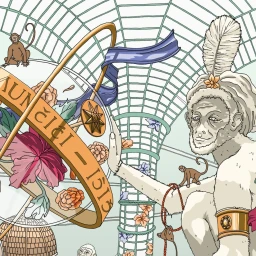 Detailed digital illustration featuring monkeys, floral elements, and an astrolabe structure inside a greenhouse by Aleksandra Miletic