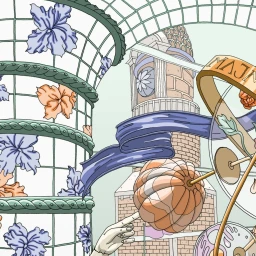 Detailed vector illustration featuring classical architectural elements, floating ribbons, and botanical motifs by Aleksandra Miletić