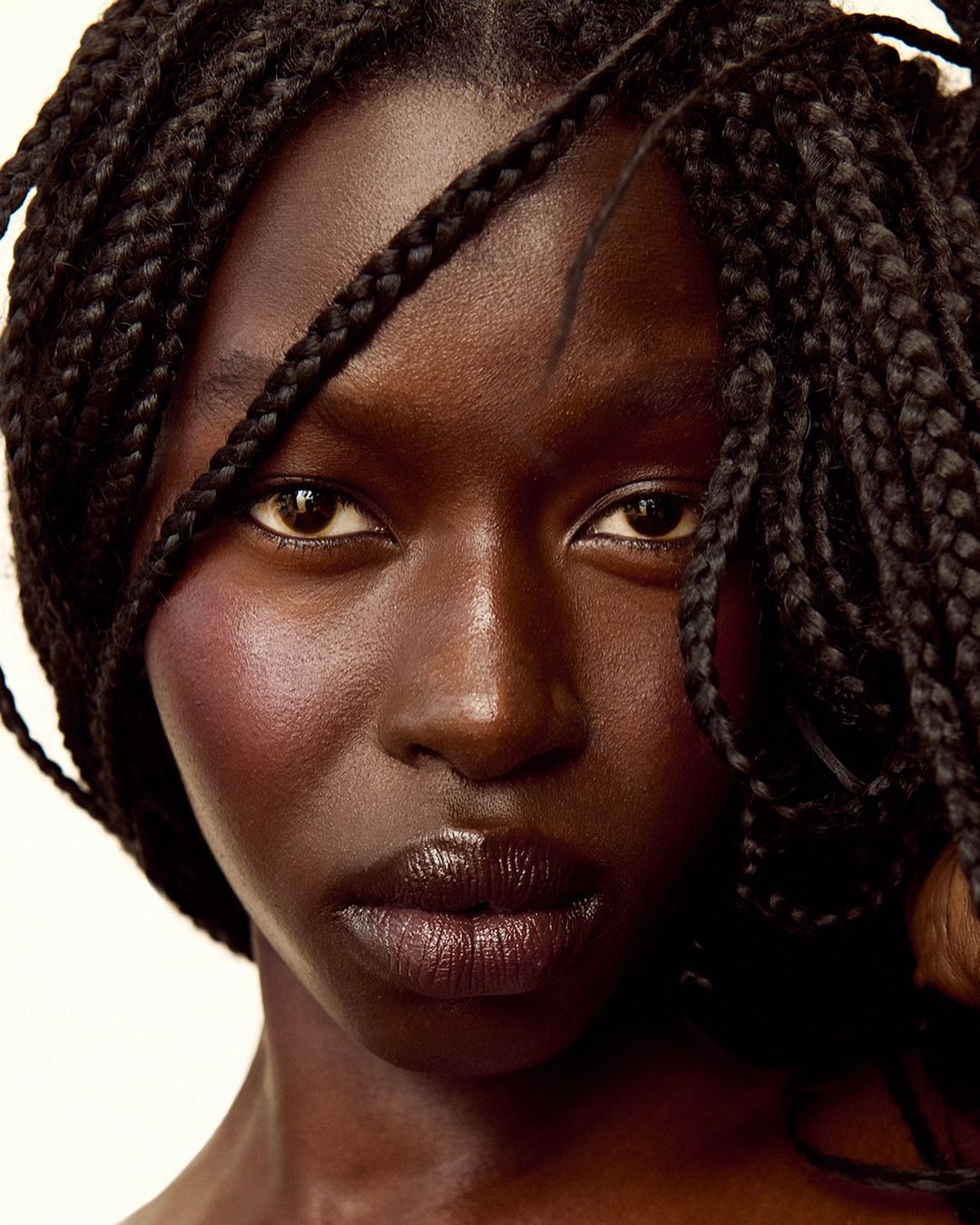 Close-up portrait of a dark-skinned woman with braided hair, featuring detailed facial features and a focus on beauty and skin texture.