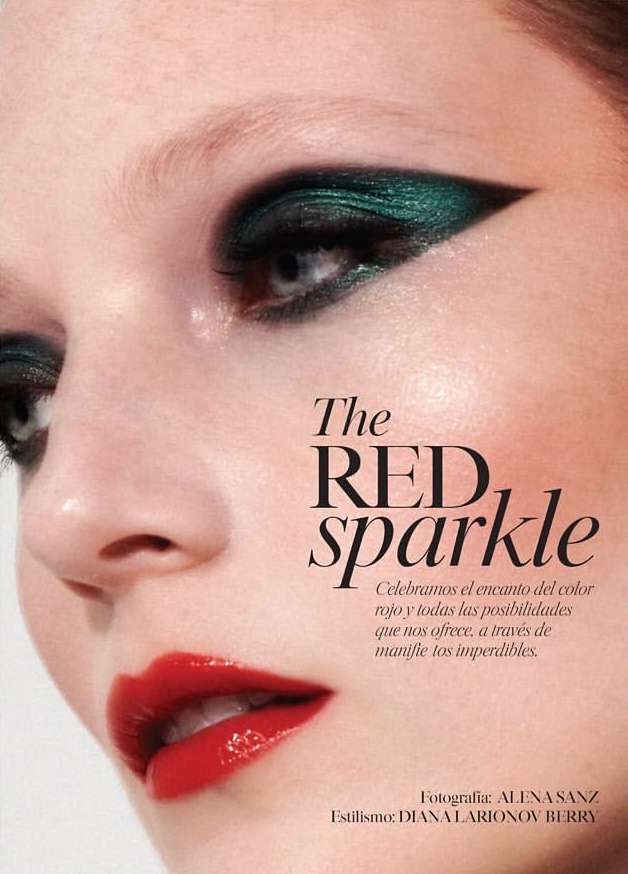 Close-up portrait of a woman with dramatic dark green metallic eyeshadow and glossy red lipstick by Alena Sazonova