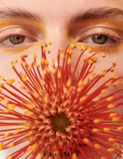 Close-up beauty shot of a face with yellow eyeshadow and eyebrows, with a protea flower covering the lower half of the face.