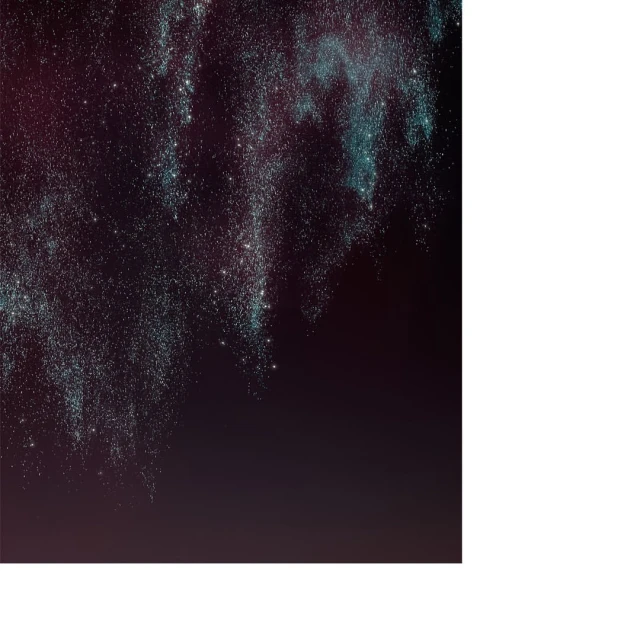 Abstract image with streaks of teal and white glittering particles suspended against a deep burgundy and black gradient background.