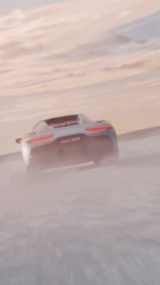 Rear view of a light blue sports car driving on a vast desert salt flat under a cloudy sky.