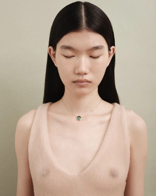 Close-up of an Asian woman with dark hair wearing a pale pink top and gold necklace with a green pendant against a neutral backdrop.