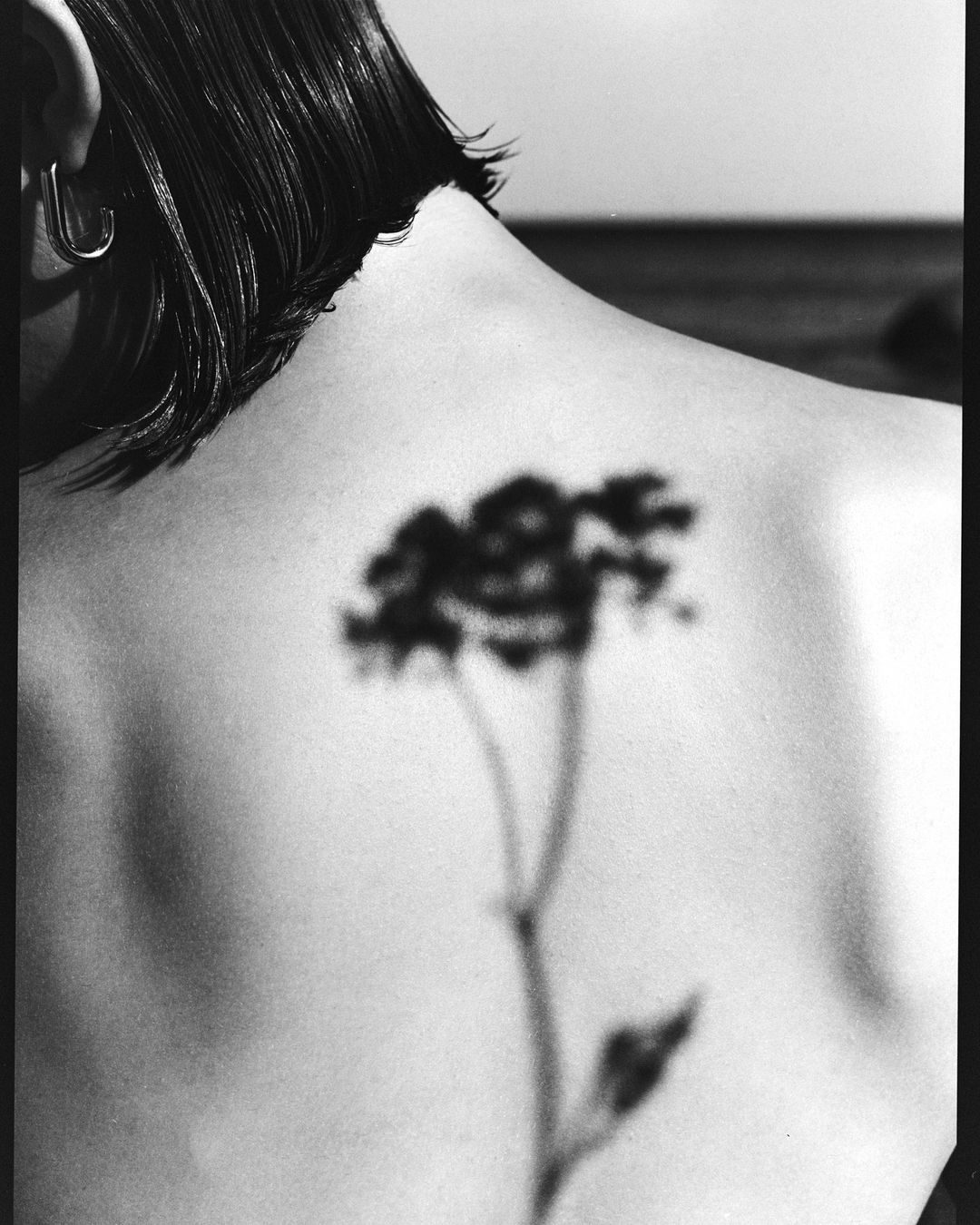 Close-up black and white portrait focusing on a person's shoulder with the shadow of a flower cast across the bare back.