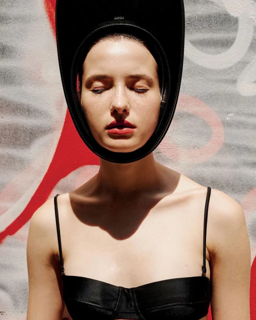 Close-up portrait of a young woman with closed eyes, red lipstick, and a black frame around her face, set against a graffiti-style wall.