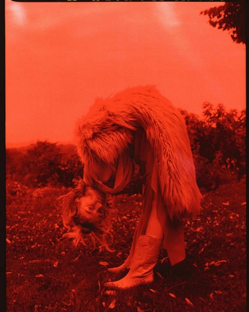 Woman in dress and boots tilts her head downward in an outdoor setting with trees and grass; heavily filtered with a red tint.