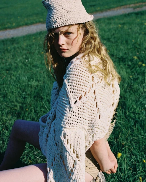 A model in a crocheted hat and sweater poses in the grass, with a dreamy and fashionable aesthetic, showcasing the textures of the garments.
