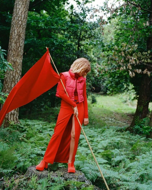 A woman in a red dress and vest stands on a rock in a forest holding a red flag, surrounded by trees and green ferns.