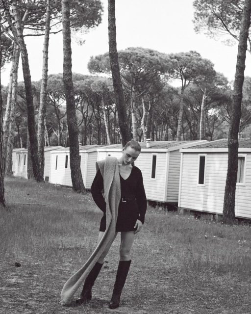 Monochrome fashion shot of a female model in a mini dress and boots, posing with a scarf in a wooded area with cabins.