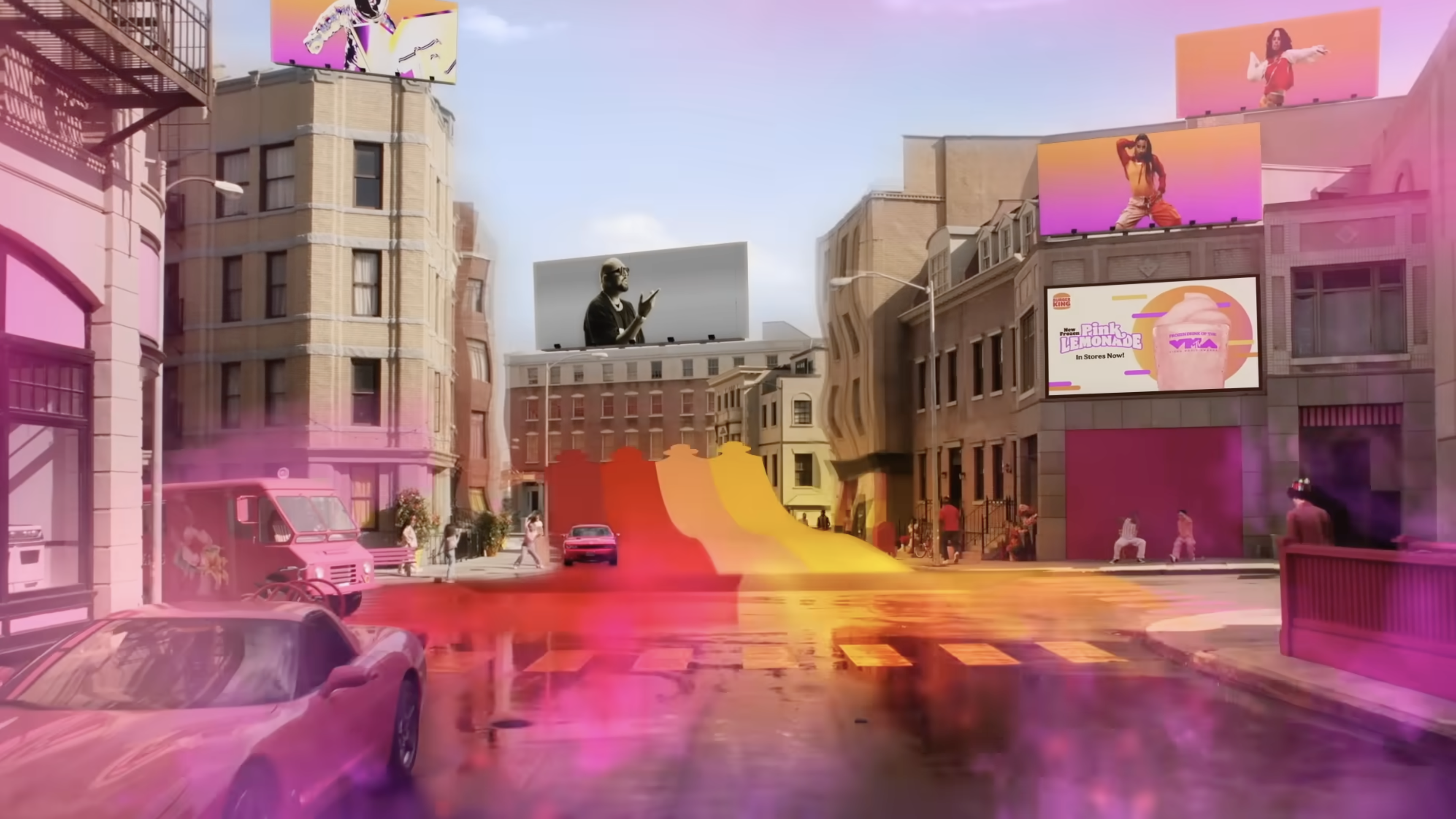 Animated city street featuring billboards advertising products and entertainment, cars, and people walking, with digital effects overlayed.