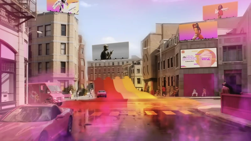 Animated city street featuring billboards advertising products and entertainment, cars, and people walking, with digital effects overlayed.