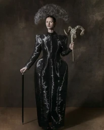 Model in shiny black sculptural coat holding a ram skull staff and walking cane against a dark textured background